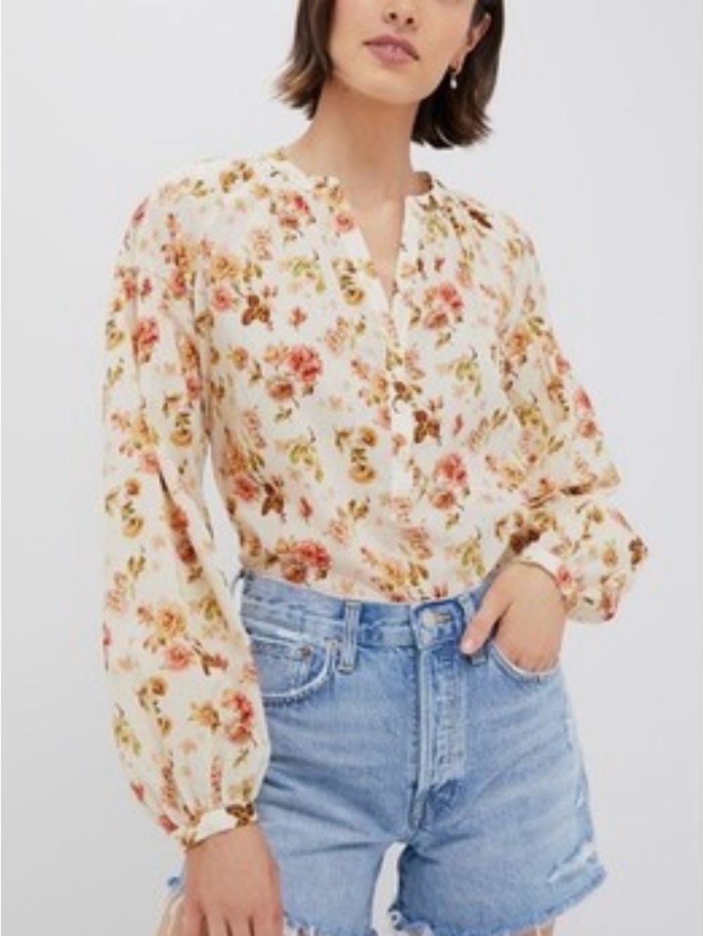 Tuckernuck Cream Floral Split-Neck Long-Sleeve Blouse